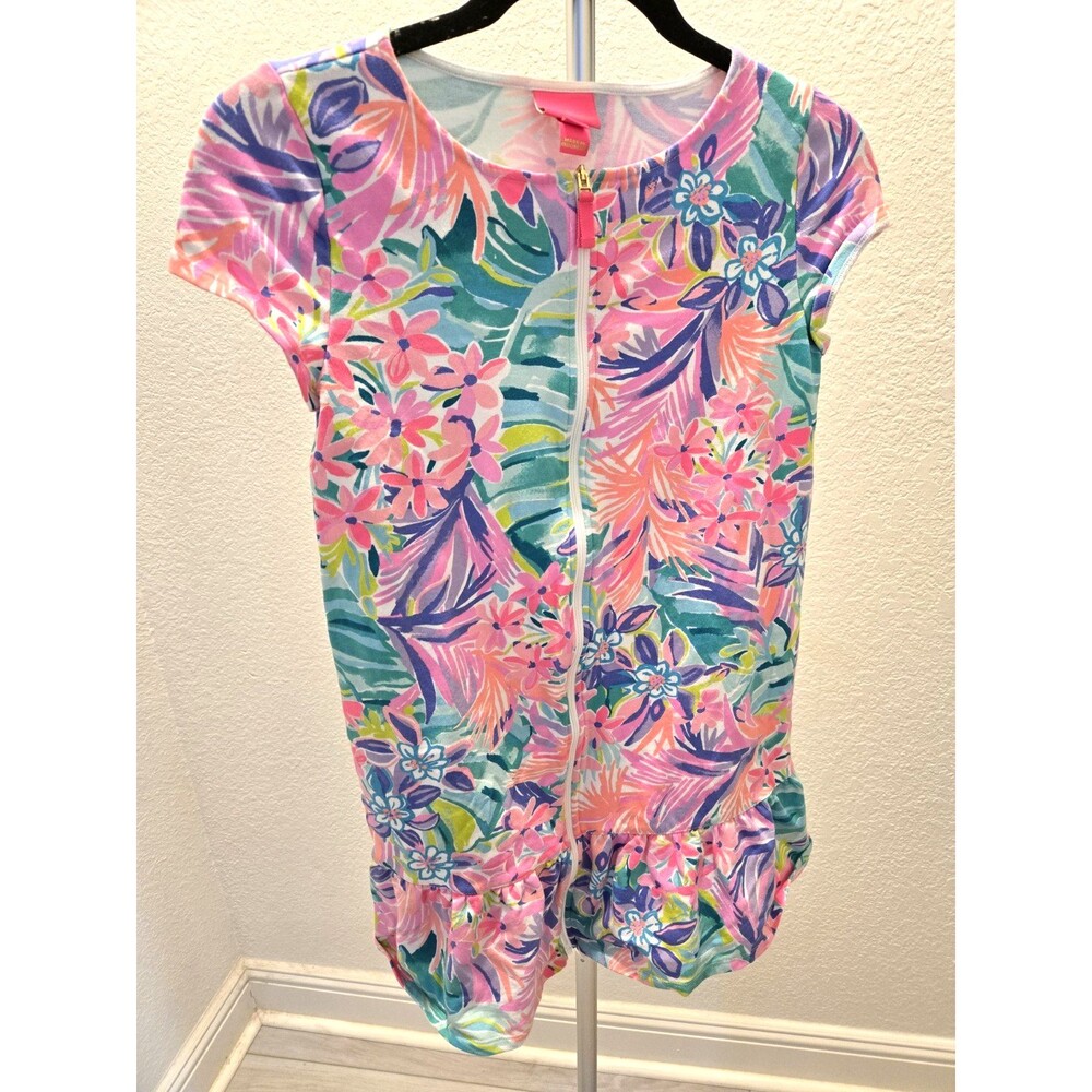 Lilly Pulitzer Girls XL 12-14 Tropical Floral Zip Front Swim Coverup Dress Pink